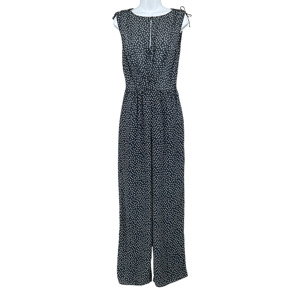 Zara Basic Jumpsuit Women Small‎ Navy Blue Shamrock Clover Print Wide Leg Boho